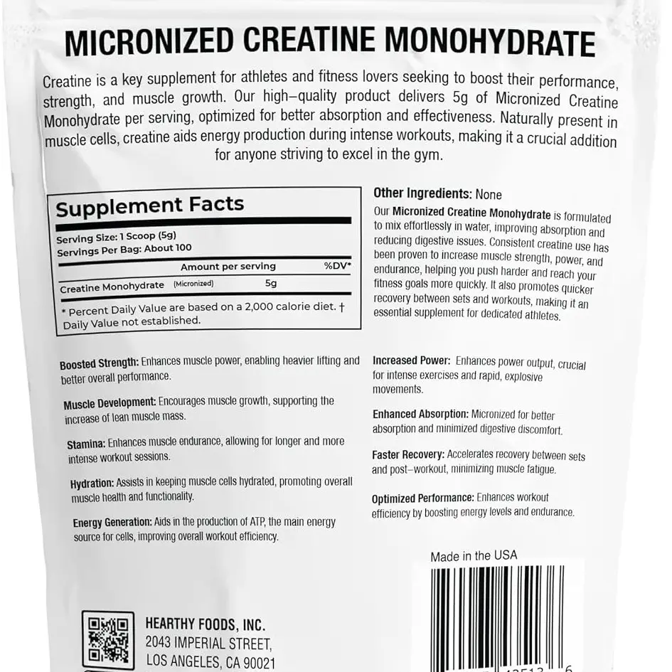 Creatina Monohidrato Micronizada Hearthy Foods 500g - 100 servicios — imagen 2